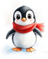 Fototapeta premium Adorable penguin with red scarf in winter 