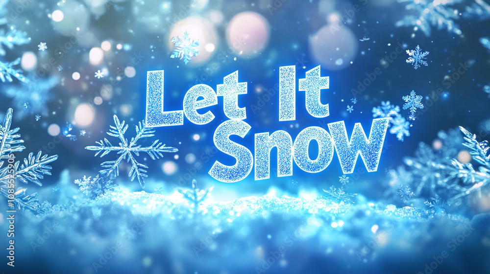Poster glowing let it snow text is surrounded by falling snowflakes and a snowy landscape