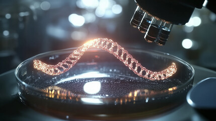 Microscope displaying intricate genetic modification process, symbolizing advanced scientific research and potential for biotechnology breakthroughs.