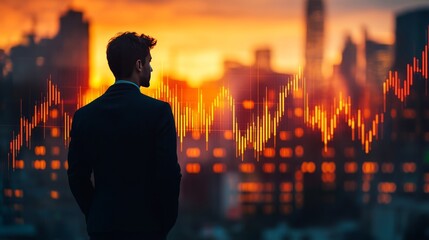 A silhouette of a man in a suit against a sunset city skyline with a stock market graph overlay.