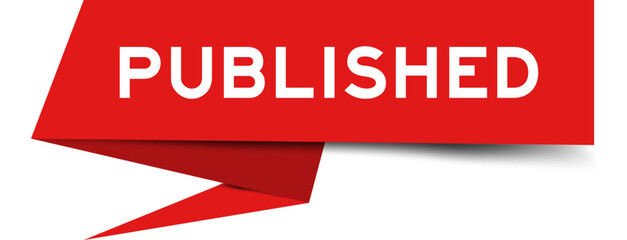 Red color speech banner with word published on white background