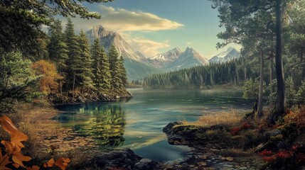A beautiful lake in the mountains, surrounded by trees. A detailed, realistic oil painting with very high detail. A cinematic, epic landscape, an award-winning art piece