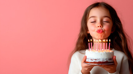 Girl blowing out candles on a birthday cake against pink background.