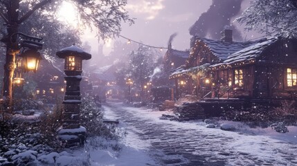 Cozy Winter Village with Snow-Covered Roofs and Warm Lights at Dusk, Capturing the Charm of a Festive Atmosphere in an Enchanted Landscape During Winter Season