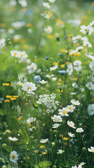 Vibrant wildflower meadow with delicate buttercups, violets, and lace in scenic clusters