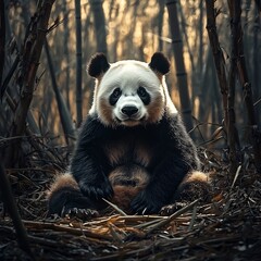 Obraz premium Gaunt Panda in Deforested Habitat Surrounded by Fallen Bamboo Threat to Food Source