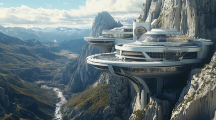 A futuristic space station perches on the edge of an ancient mountain range, with sleek white and silver architecture that blends seamlessly into its surroundings