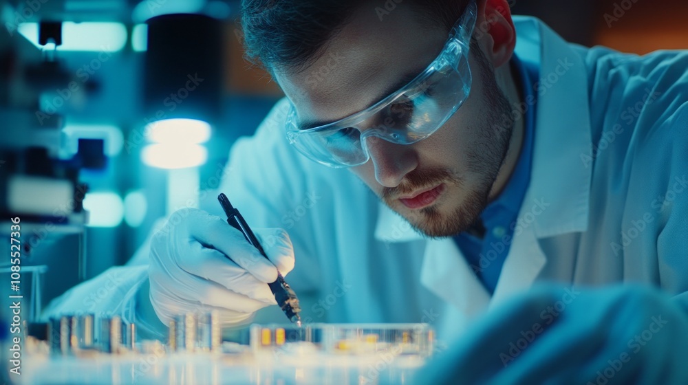 Poster A man in a lab coat is using a pair of tweezers to pick up a small object