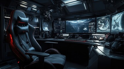 Darkroom with a high-end gaming chair, triple monitors and RGB lighting highlighting gaming accessories.