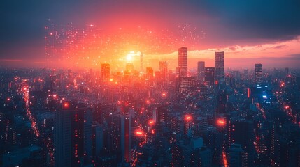 Fototapeta premium A vibrant cityscape at sunset, illuminated by digital elements and glowing lights.