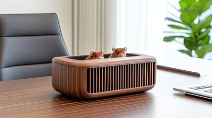 Charming wooden hamster cage with playful chinchillas on a sleek desk in a modern living room setting