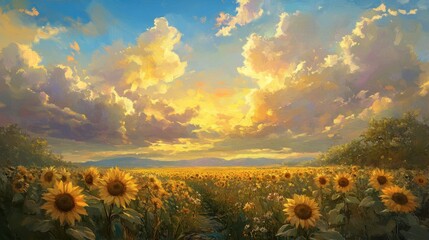 Fototapeta premium Breathtaking Landscape of Sunflower Field Under a Bright Colorful Sky at Sunset with Dramatic Clouds Reflecting Warm Light