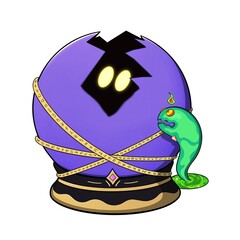 a purple wizard orb sealed with a spell. Cartoon illustration, cute doodle, art drawing, sorcery, character, monster, fantasy, witch ball, sorcerer, mana, artifact, magic orb, fairy tale, sphere, game