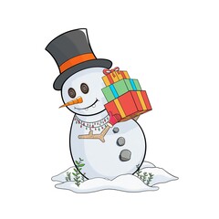 Magic snowman bring present. Cartoon illustration, cute doodle, art drawing, painting, kids artwork, character, christmas gift, winter, santa claus, fairy tale, toy, celebration, holiday, december.