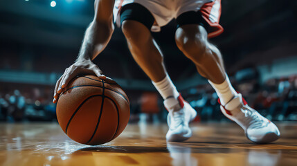 Naklejka premium Professional basketball player dribbling on the court during a game.