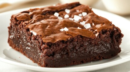Decadent Chocolate Brownie Topped with Sea Salt on a White Plate Ready to Indulge and Satisfy Your Sweet Cravings with an Irresistible Dessert Experience