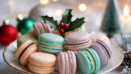 Close-up photo of a pile of macarons, Dessert soft atmosphere. Christmas Dessert