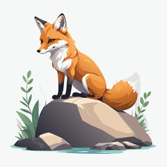 Obraz premium Stylized vector illustration of a fox sitting confidently on a rock with greenery