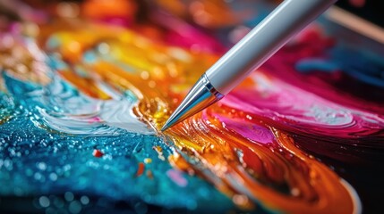 Fototapeta premium Colorful paint swirls with a pen in focus.