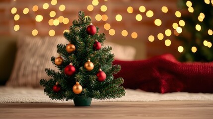 Miniature Christmas tree adorned with colorful ornaments against a backdrop of warm, festive lights.