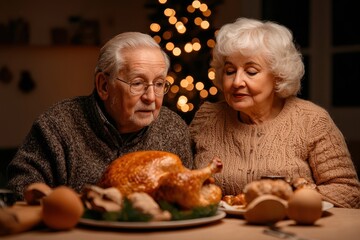 Elderly couple enjoying a festive meal with a turkey centerpiece at a cozy dinner setting.