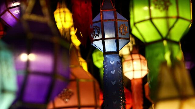 Colorful lanterns Lanna style during Loy Krathong festival Hod city in Chiang Mai Province, Thailand. 4K	