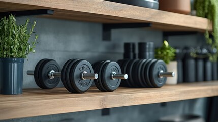 Dumbbells on wooden shelves in a fitness space.
