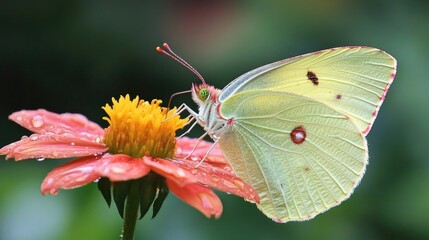 Close-Up of a Yellow Butterfly Resting on a Vibrant Flower with Droplets, Showcasing Nature's Beauty in a Serene Garden Setting