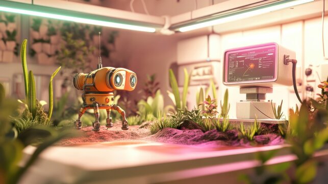 A futuristic laboratory scene featuring a charming robot exploring a vibrant alien landscape with glowing plants and high-tech equipment in a serene environment