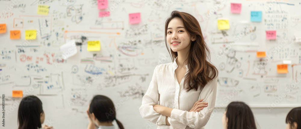 Poster confident young woman stands in front of whiteboard filled with colorful notes and diagrams, leading