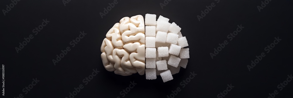 Poster half of brain model and half of sugar cubes lying on black background represent sugar consumption ef