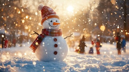 Snowman in a winter landscape with festive atmosphere.