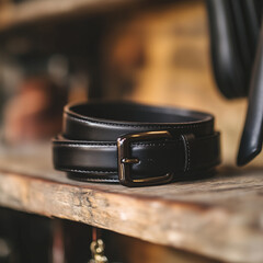 A black leather belt coiled on a wooden shelf