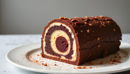 Chocolate swirl cozonac slice on a white plate