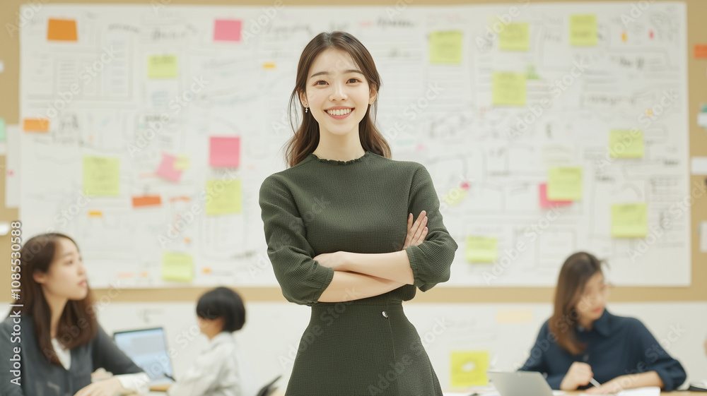Poster confident young businesswoman stands in front of collaborative team working on project, with whitebo