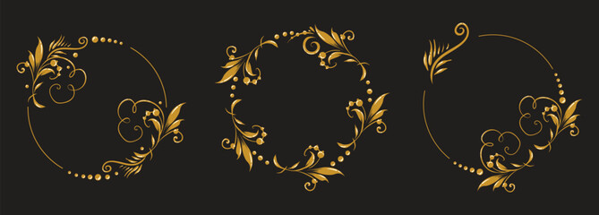Set of Beautiful floral round frames with vignettes. Slavic old Russian patterns. Design of wedding invitations, anniversaries, congratulations. Vector isolated border.