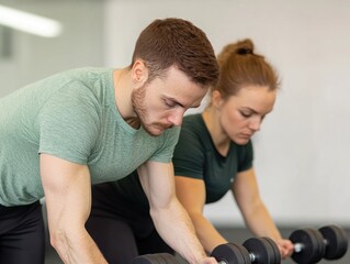 Obraz premium A focused couple lifting weights together in a modern gym, showcasing dedication and teamwork in fitness.