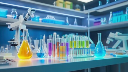 Colorful Laboratory Setup with Beakers, Flasks, and Microscopes for Scientific Experiments and Research in Modern Science Facility