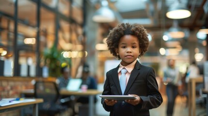 Young Professional Child in Suit with Tablet in Vibrant Office Environment