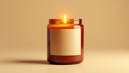 Stylish candle mockup template with an amber glass jar, warm glow, and blank label area for custom branding on a neutral background.