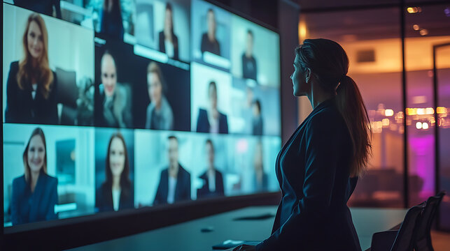 Female executive standing in a conference room with a large digital display showing remote team members' faces 