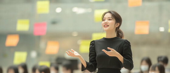 Fototapeta premium young Asian businesswoman leads team discussion with enthusiasm, surrounded by colorful sticky notes in modern office setting