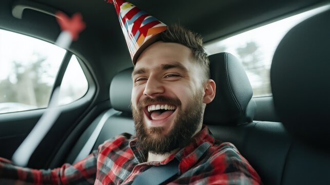 A young man in a car beams with joy, wearing a colorful party hat as he celebrates his birthday