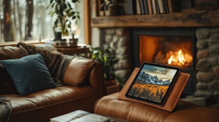 Cozy living room with a tablet displaying scenery.