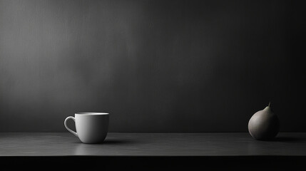 minimalist scene featuring white cup and pear on dark surface, evoking sense of calm and simplicity. contrast between objects and background highlights their shapes