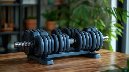 Adjustable dumbbells on a wooden table.