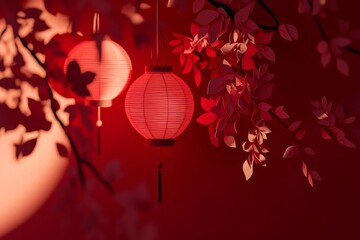 Obraz premium Red lanterns illuminated among decorative leaves with soft shadows on a red background