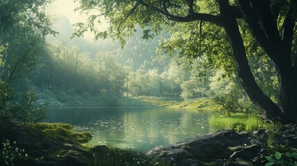 Fototapeta premium A serene forest scene with lush green trees, a peaceful lake reflecting the sky, and sunlight filtering through leaves creating dappled light on the ground