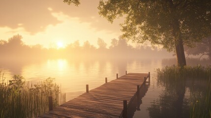 Serene Sunrise Over a Tranquil Lake with a Wooden Dock Surrounded by Lush Greenery and Misty Waters, Creating a Peaceful Outdoor Atmosphere