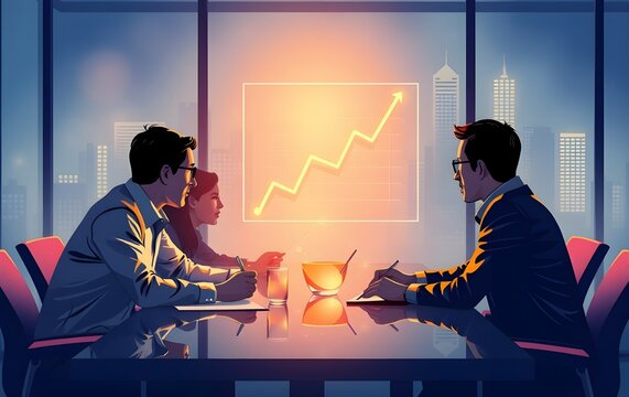 Illustration of Corporate team strategizing in a collaborative with grow investmen icon